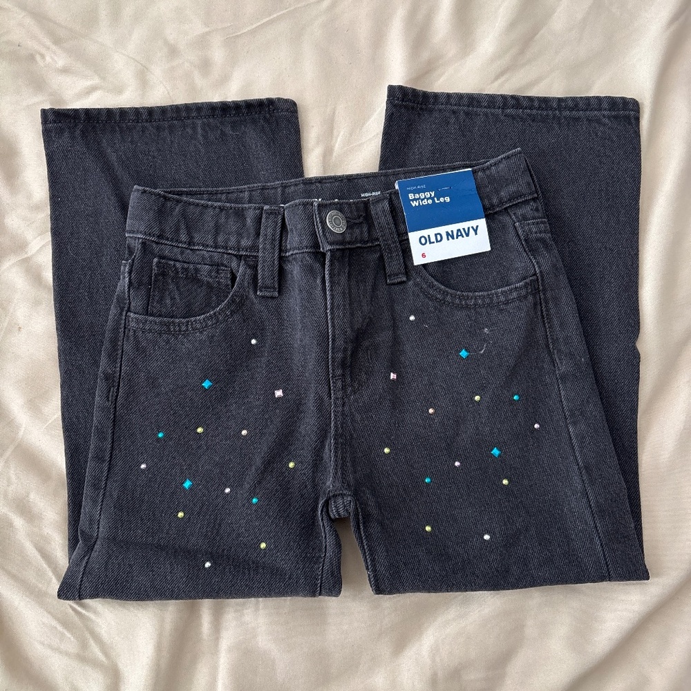 Old Navy Black Baggy Wide Leg Embellished Jeans Size 6